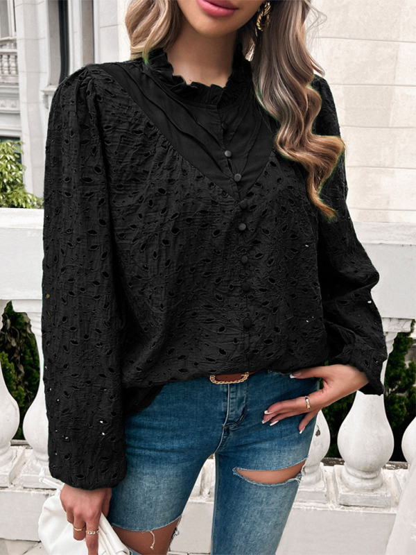 Women's hollow puff sleeve embroidered top-[Adult]-[Female]-2022 Online Blue Zone Planet