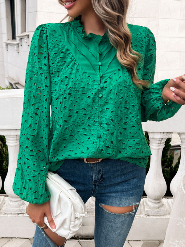 Women's hollow puff sleeve embroidered top-[Adult]-[Female]-2022 Online Blue Zone Planet