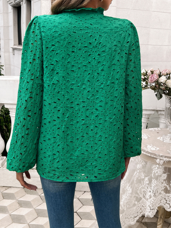 Women's hollow puff sleeve embroidered top-[Adult]-[Female]-2022 Online Blue Zone Planet