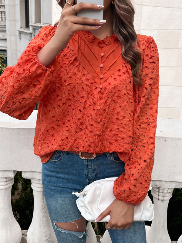 Women's hollow puff sleeve embroidered top-[Adult]-[Female]-Orange-S-2022 Online Blue Zone Planet