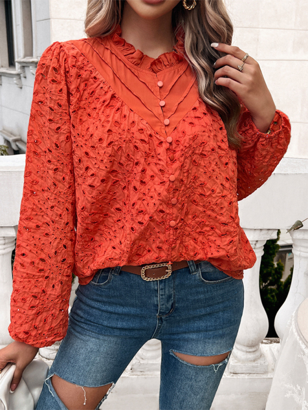 Women's hollow puff sleeve embroidered top-[Adult]-[Female]-2022 Online Blue Zone Planet
