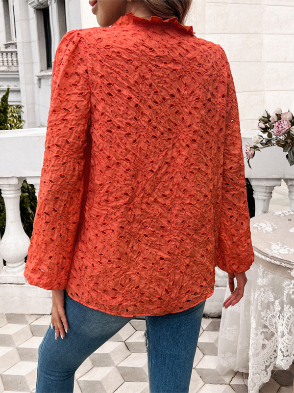 Women's hollow puff sleeve embroidered top-[Adult]-[Female]-2022 Online Blue Zone Planet