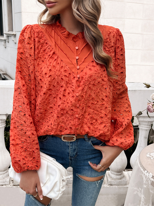 Women's hollow puff sleeve embroidered top-[Adult]-[Female]-2022 Online Blue Zone Planet