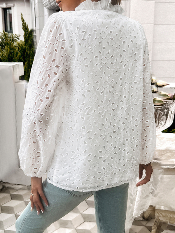 Women's hollow puff sleeve embroidered top-[Adult]-[Female]-2022 Online Blue Zone Planet