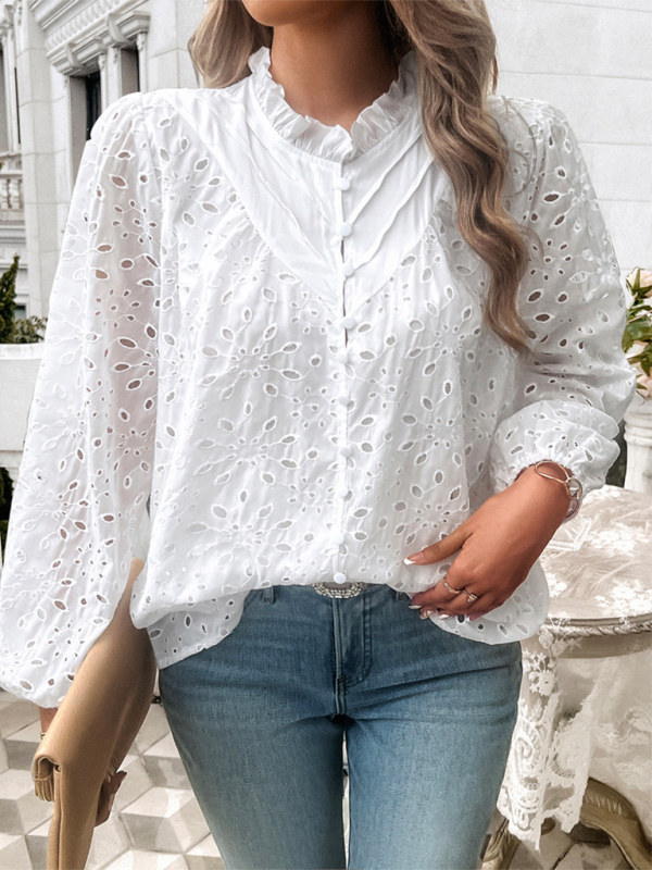 Women's hollow puff sleeve embroidered top-[Adult]-[Female]-2022 Online Blue Zone Planet