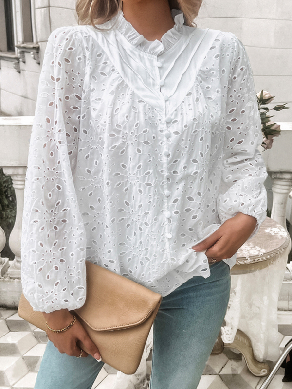 Women's hollow puff sleeve embroidered top-[Adult]-[Female]-2022 Online Blue Zone Planet