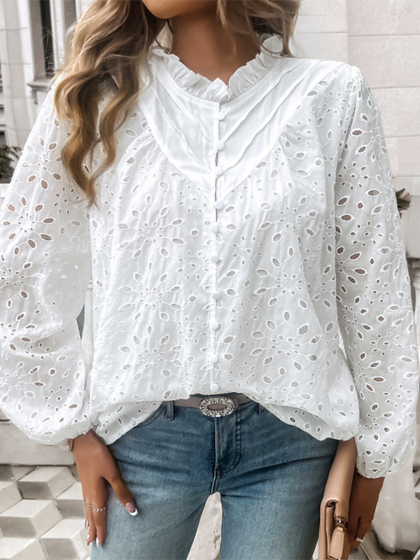 Women's hollow puff sleeve embroidered top-[Adult]-[Female]-White-S-2022 Online Blue Zone Planet