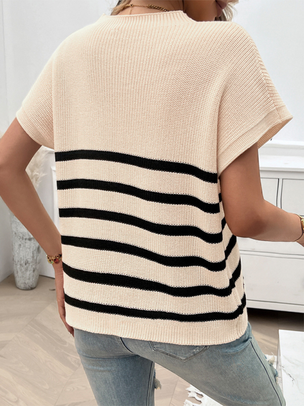 Women's Temperament Round Neck Striped Contrast Color Short Sleeve Sweater-[Adult]-[Female]-2022 Online Blue Zone Planet