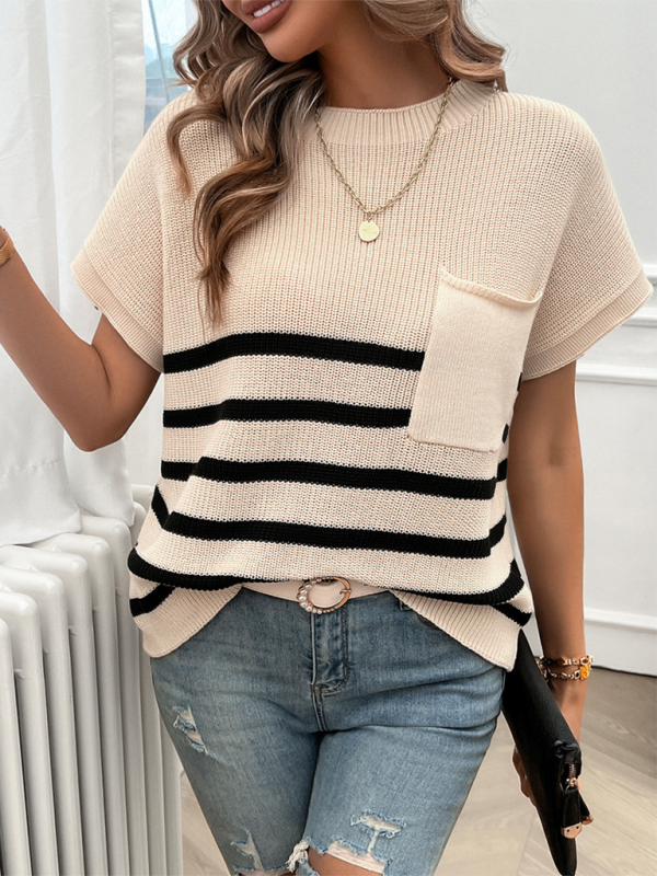 Women's Temperament Round Neck Striped Contrast Color Short Sleeve Sweater-[Adult]-[Female]-2022 Online Blue Zone Planet