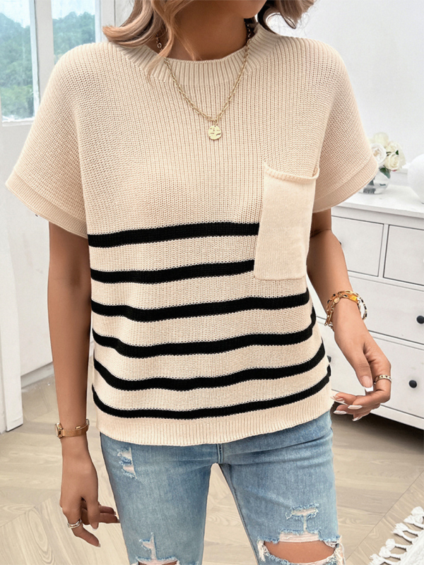 Women's Temperament Round Neck Striped Contrast Color Short Sleeve Sweater-[Adult]-[Female]-2022 Online Blue Zone Planet