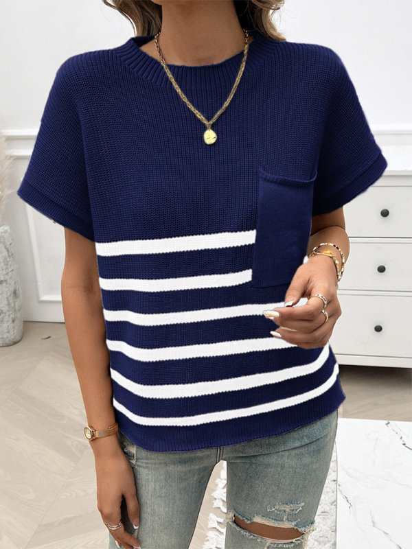 Women's Temperament Round Neck Striped Contrast Color Short Sleeve Sweater-[Adult]-[Female]-2022 Online Blue Zone Planet