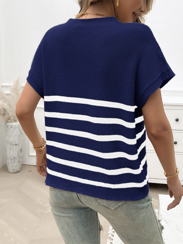 Women's Temperament Round Neck Striped Contrast Color Short Sleeve Sweater-[Adult]-[Female]-2022 Online Blue Zone Planet