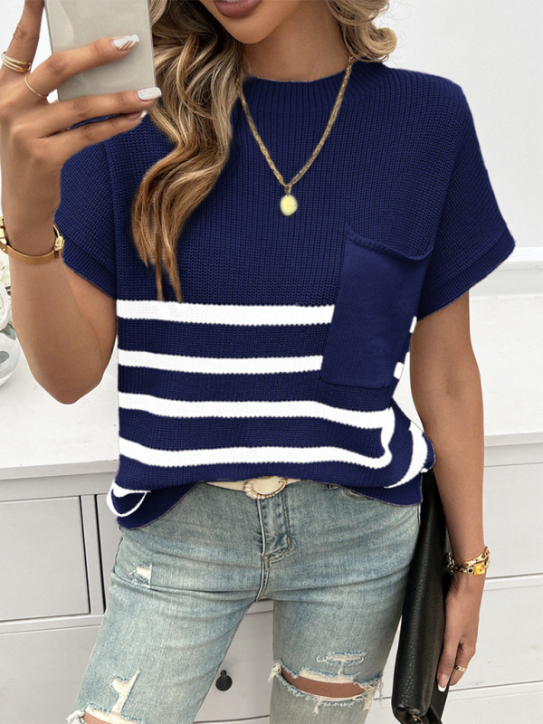 Women's Temperament Round Neck Striped Contrast Color Short Sleeve Sweater-[Adult]-[Female]-2022 Online Blue Zone Planet