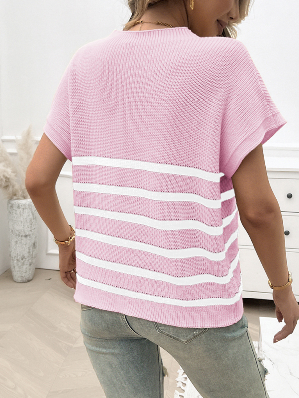 Women's Temperament Round Neck Striped Contrast Color Short Sleeve Sweater-[Adult]-[Female]-2022 Online Blue Zone Planet