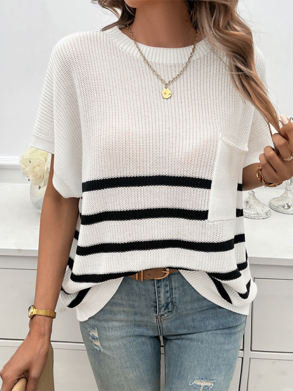 Women's Temperament Round Neck Striped Contrast Color Short Sleeve Sweater-[Adult]-[Female]-White-S-2022 Online Blue Zone Planet