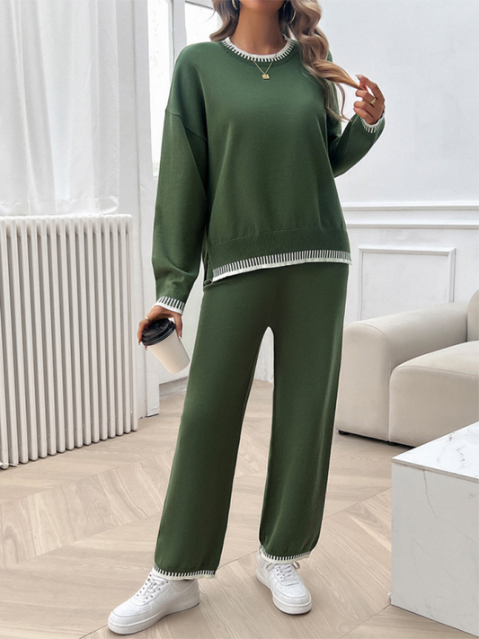 Fashion Contrast Color Sweater Pants Set-[Adult]-[Female]-Olive green-S-2022 Online Blue Zone Planet