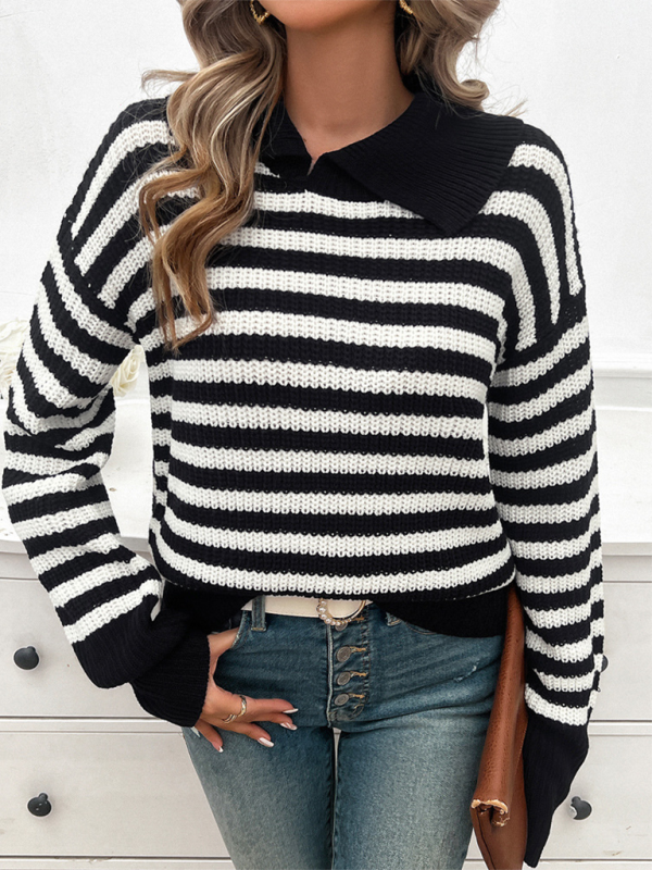 Blue Zone Planet | Women's Casual Loose Lapel Striped Long Sleeve Sweater-TOPS / DRESSES-[Adult]-[Female]-Black-S-2022 Online Blue Zone Planet