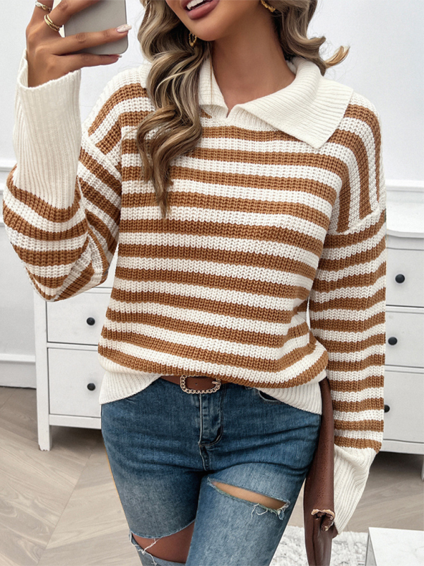 Blue Zone Planet | Women's Casual Loose Lapel Striped Long Sleeve Sweater-TOPS / DRESSES-[Adult]-[Female]-2022 Online Blue Zone Planet