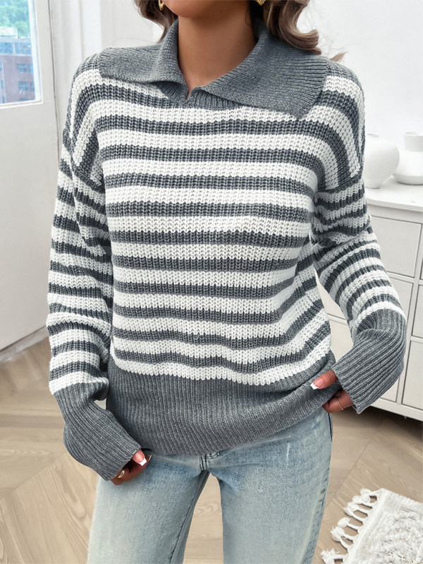 Blue Zone Planet | Women's Casual Loose Lapel Striped Long Sleeve Sweater-TOPS / DRESSES-[Adult]-[Female]-2022 Online Blue Zone Planet