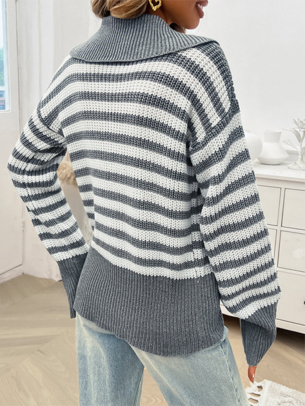 Blue Zone Planet | Women's Casual Loose Lapel Striped Long Sleeve Sweater-TOPS / DRESSES-[Adult]-[Female]-2022 Online Blue Zone Planet