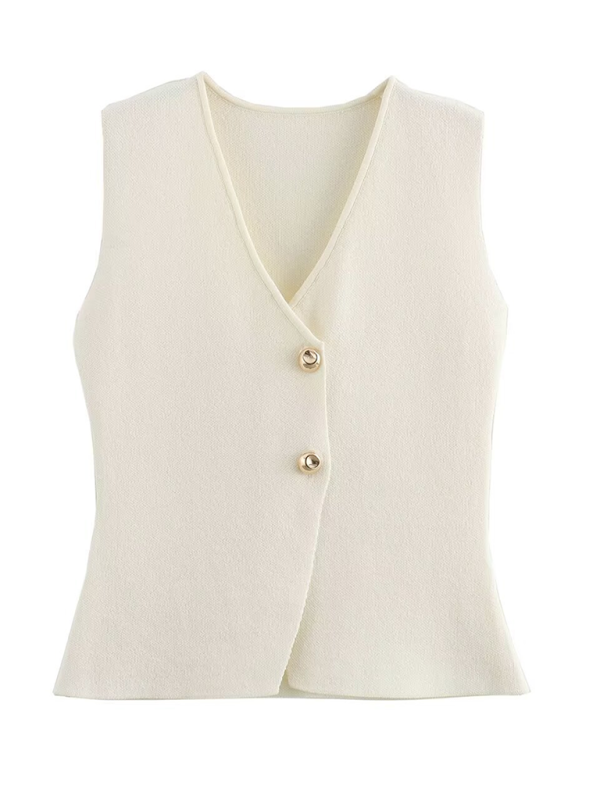 Ladies gold button knitted vest-[Adult]-[Female]-White-S-2022 Online Blue Zone Planet