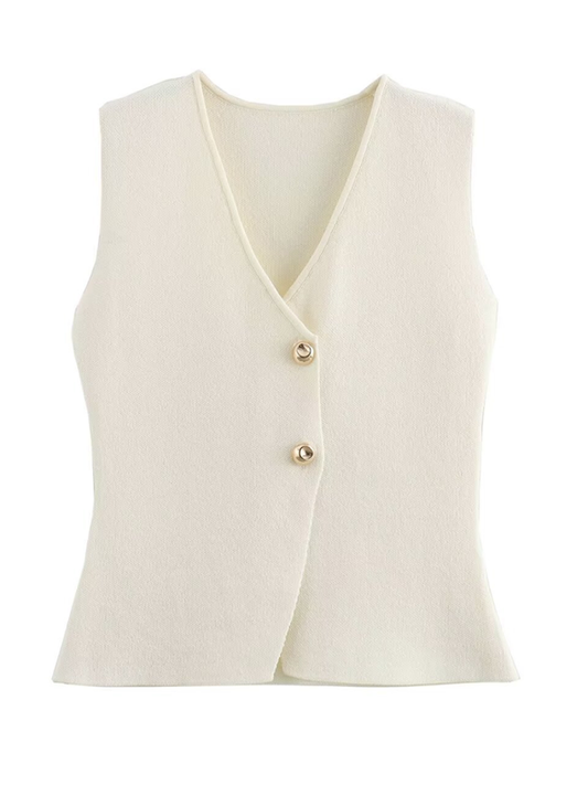 Ladies gold button knitted vest-[Adult]-[Female]-White-S-2022 Online Blue Zone Planet