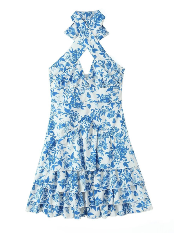 Fashion printed halterneck sleeveless dress-[Adult]-[Female]-Blue-XS-2022 Online Blue Zone Planet