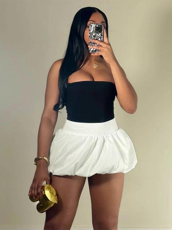 Ladies style solid color versatile bubble skirt high waist ultra short skirt-[Adult]-[Female]-White-S-2022 Online Blue Zone Planet