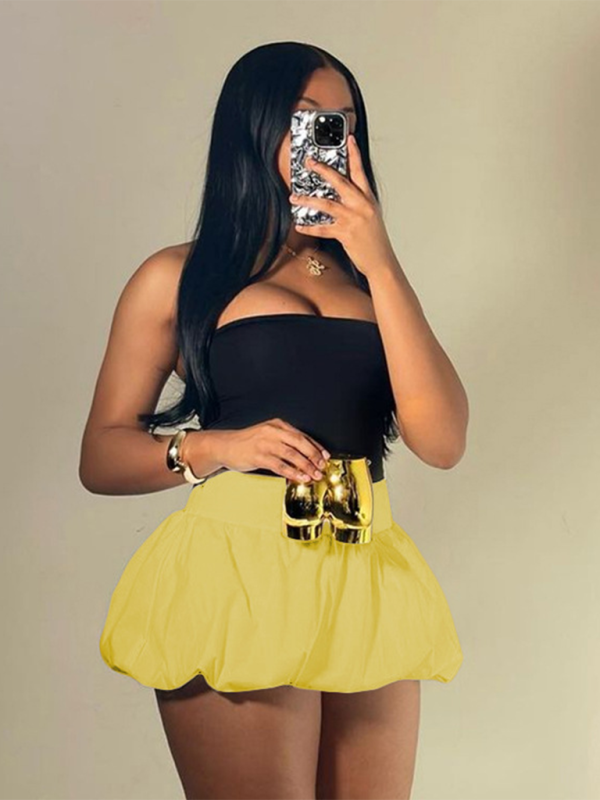 Ladies style solid color versatile bubble skirt high waist ultra short skirt-[Adult]-[Female]-Yellow-S-2022 Online Blue Zone Planet