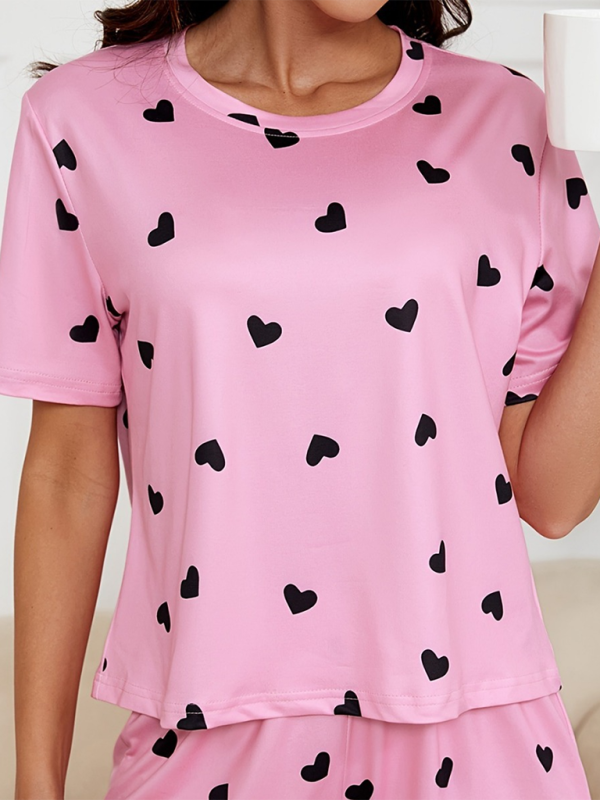 style heart print knitted soft short sleeve shorts pajamas set-[Adult]-[Female]-2022 Online Blue Zone Planet