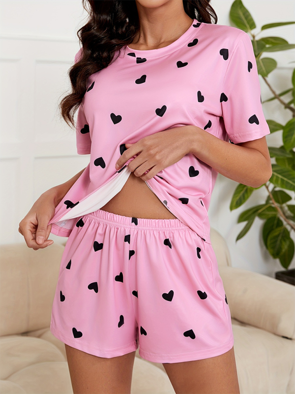 style heart print knitted soft short sleeve shorts pajamas set-[Adult]-[Female]-Pink-S-2022 Online Blue Zone Planet