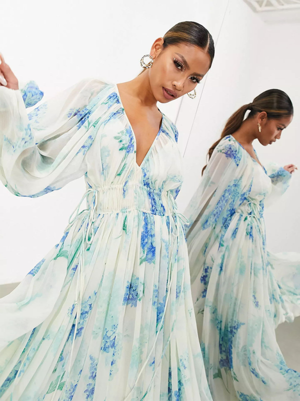 Blue Zone Planet | V-neck see-through pleated waist drawstring long-sleeved printed chiffon dress-TOPS / DRESSES-[Adult]-[Female]-2022 Online Blue Zone Planet