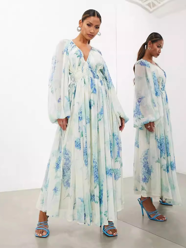 Blue Zone Planet | V-neck see-through pleated waist drawstring long-sleeved printed chiffon dress-TOPS / DRESSES-[Adult]-[Female]-Blue-S-2022 Online Blue Zone Planet