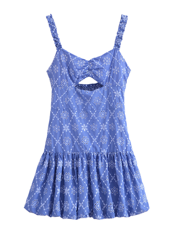 Blue Zone Planet | hollow embroidery slim spaghetti strap dress-TOPS / DRESSES-[Adult]-[Female]-Peacock blue-XS-2022 Online Blue Zone Planet