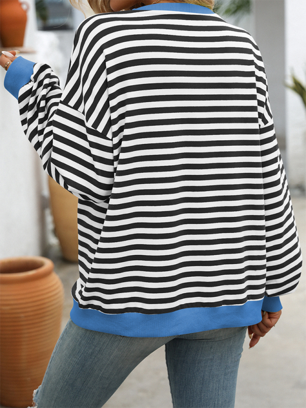 Blue Zone Planet | Color Striped Round Neck Loose Sweatshirt Sweatshirt-TOPS / DRESSES-[Adult]-[Female]-2022 Online Blue Zone Planet