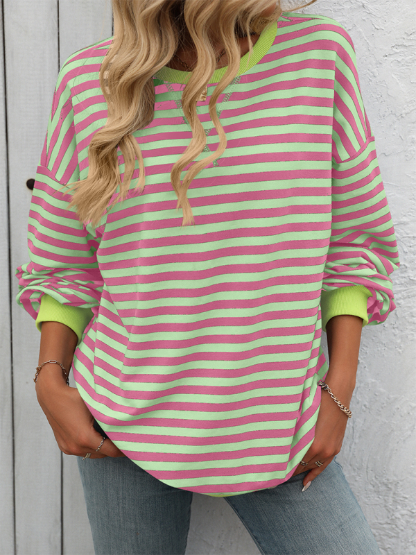 Blue Zone Planet | Color Striped Round Neck Loose Sweatshirt Sweatshirt-TOPS / DRESSES-[Adult]-[Female]-2022 Online Blue Zone Planet