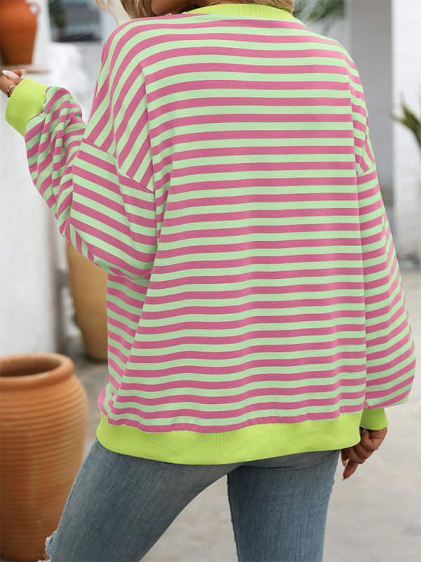 Blue Zone Planet | Color Striped Round Neck Loose Sweatshirt Sweatshirt-TOPS / DRESSES-[Adult]-[Female]-2022 Online Blue Zone Planet