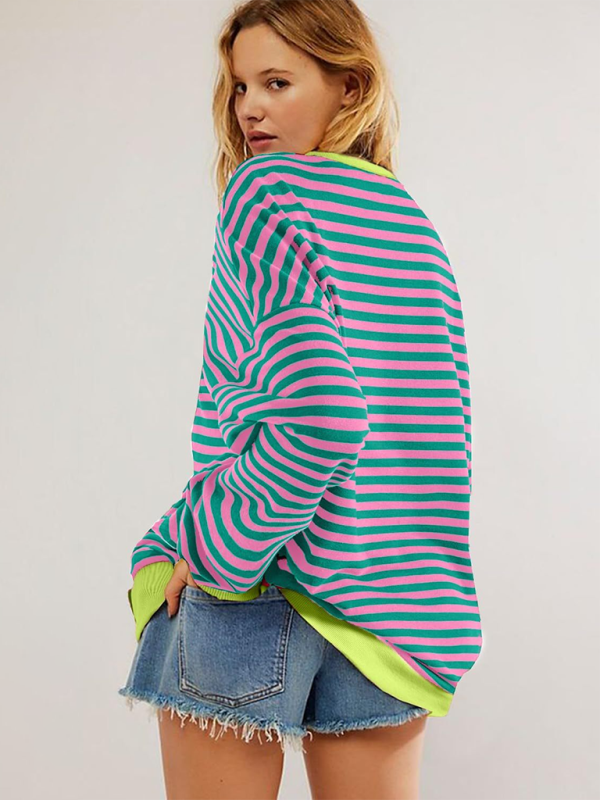 Blue Zone Planet | Color Striped Round Neck Loose Sweatshirt Sweatshirt-TOPS / DRESSES-[Adult]-[Female]-2022 Online Blue Zone Planet