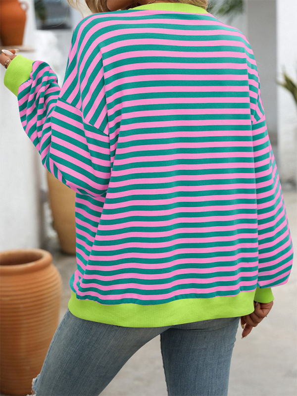 Blue Zone Planet | Color Striped Round Neck Loose Sweatshirt Sweatshirt-TOPS / DRESSES-[Adult]-[Female]-2022 Online Blue Zone Planet