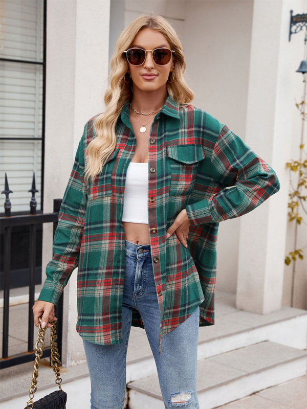 Fashion Loose Plaid Pocket Shirt-[Adult]-[Female]-2022 Online Blue Zone Planet