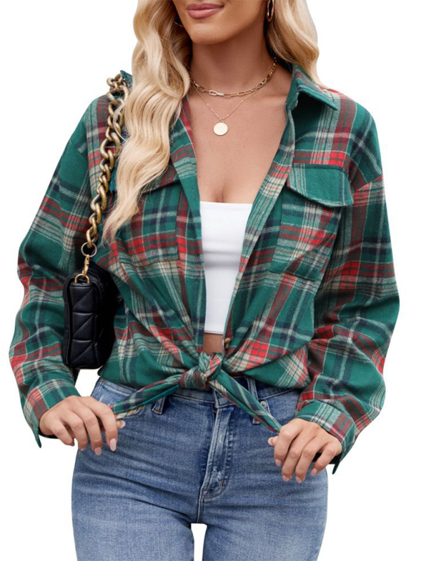 Fashion Loose Plaid Pocket Shirt-[Adult]-[Female]-2022 Online Blue Zone Planet