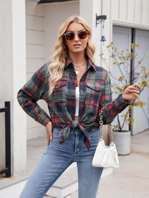 Fashion Loose Plaid Pocket Shirt-[Adult]-[Female]-2022 Online Blue Zone Planet