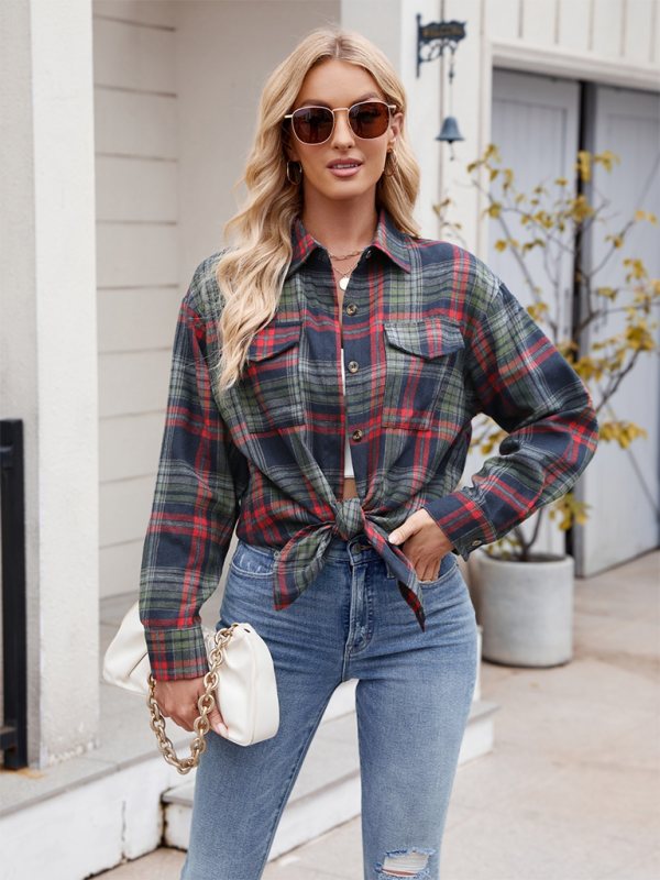 Fashion Loose Plaid Pocket Shirt-[Adult]-[Female]-Champlain color-S-2022 Online Blue Zone Planet