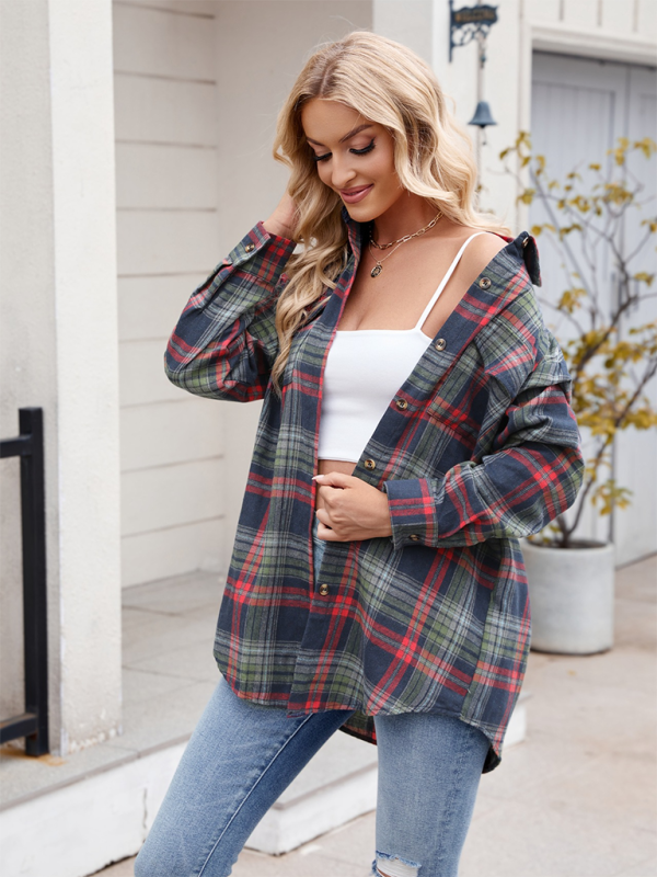 Fashion Loose Plaid Pocket Shirt-[Adult]-[Female]-2022 Online Blue Zone Planet