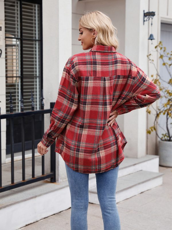 Fashion Loose Plaid Pocket Shirt-[Adult]-[Female]-2022 Online Blue Zone Planet