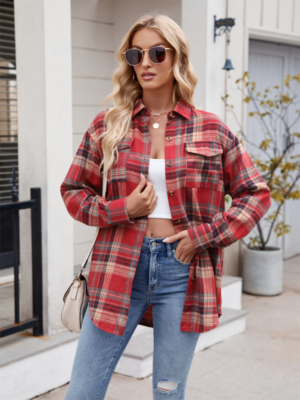 Fashion Loose Plaid Pocket Shirt-[Adult]-[Female]-Orange Red-S-2022 Online Blue Zone Planet