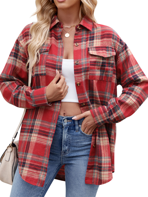 Fashion Loose Plaid Pocket Shirt-[Adult]-[Female]-2022 Online Blue Zone Planet