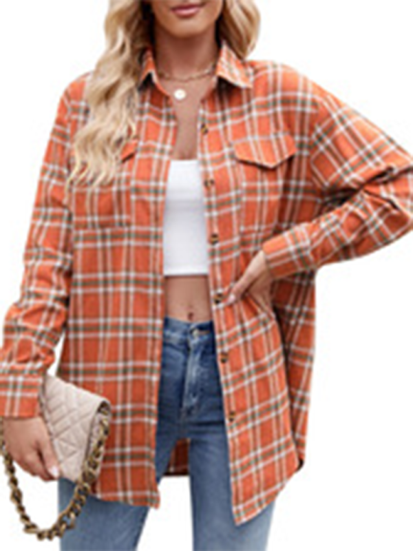 Fashion Loose Plaid Pocket Shirt-[Adult]-[Female]-2022 Online Blue Zone Planet