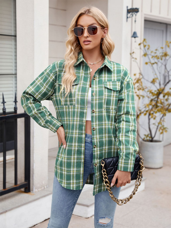 Fashion Loose Plaid Pocket Shirt-[Adult]-[Female]-2022 Online Blue Zone Planet