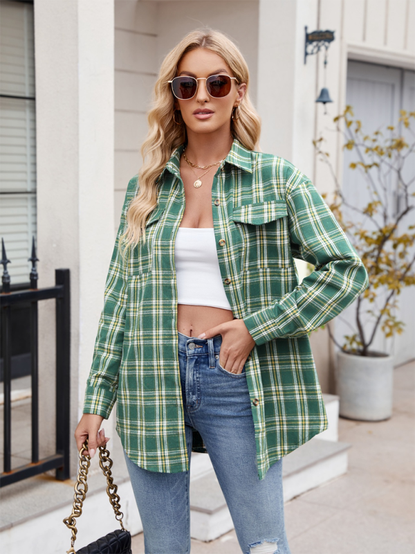 Fashion Loose Plaid Pocket Shirt-[Adult]-[Female]-Pale green-S-2022 Online Blue Zone Planet